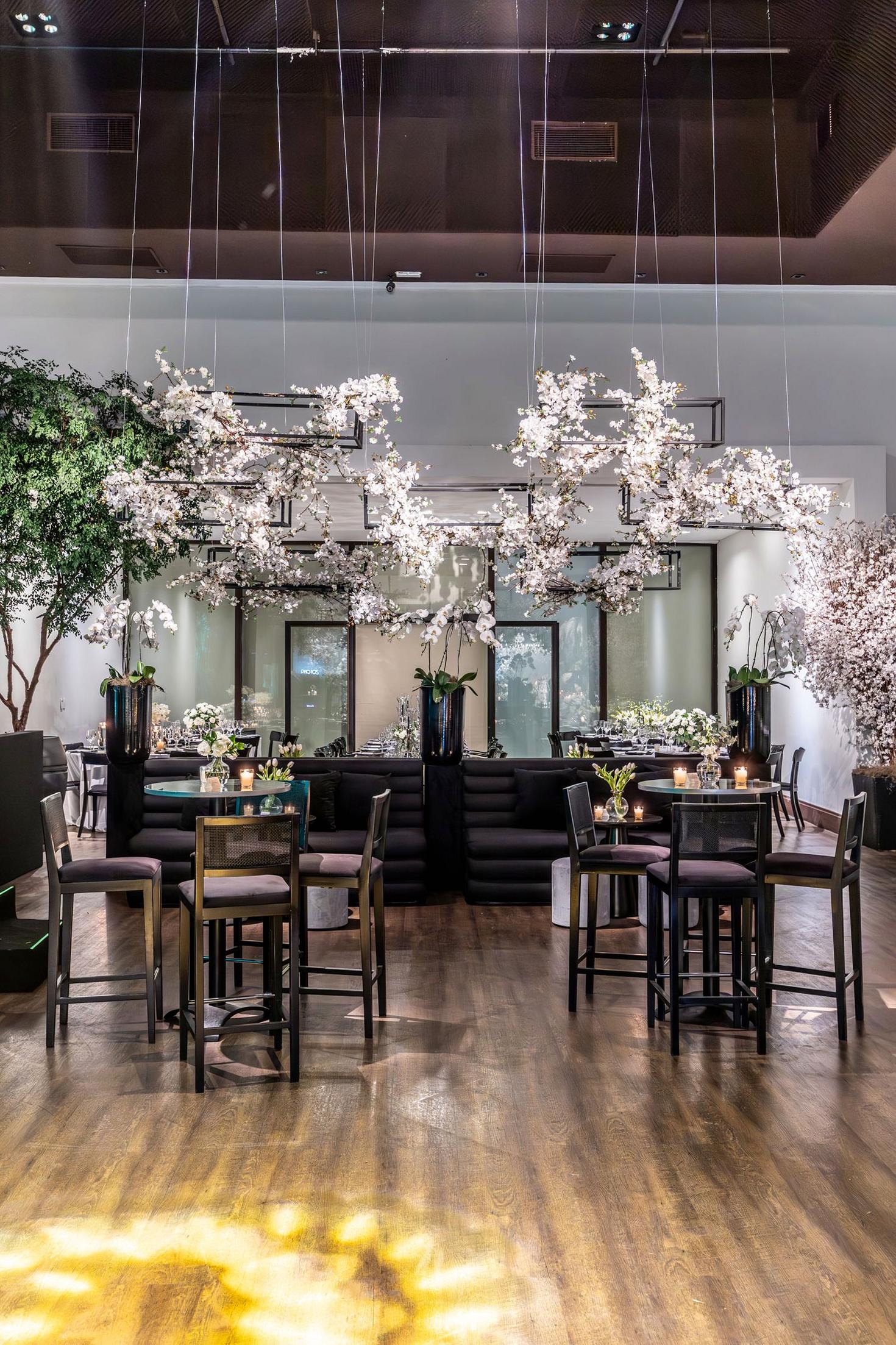 Luxurious banquet hall with floral decor